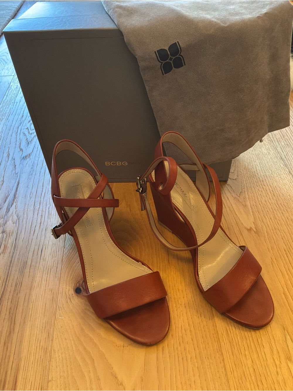 BCBGMaxAzria Brown Leather Wedge Sandals, Size 8
